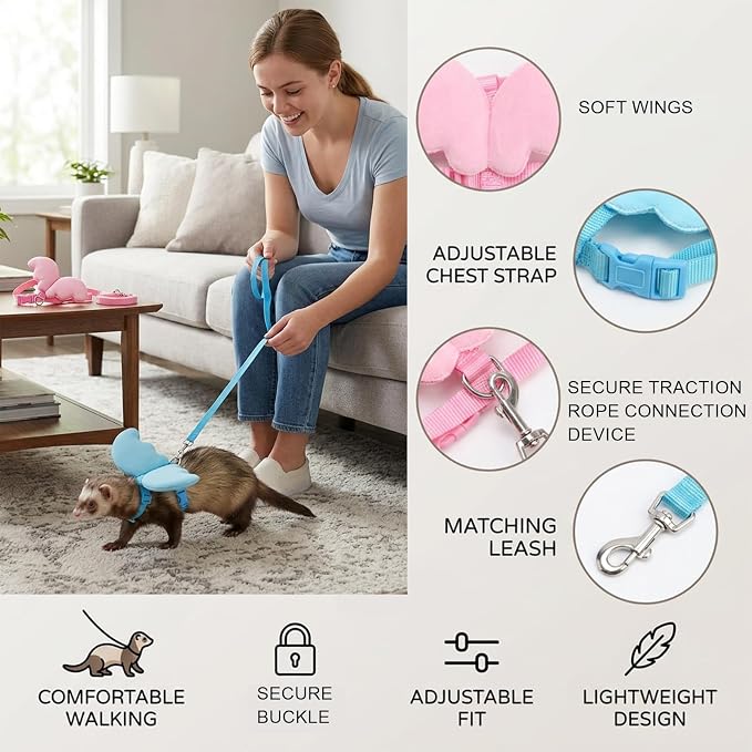 2 Piece Pet Ferret Harness and Leash Set, Safety Harness for Ferrets, Kittens, and Hamsters, Outdoor Adventures and Indoor Monitoring Solution, Adjustable Fit for Comfortable Wear