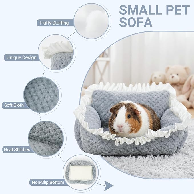 RUKANG Guinea Pig Couch, Ideal Fluffy Bed Sofa for Small Pets, Gray | Small Pet Sofa with Unique Lace Design, Guinea Pig Bed with Fluffy Comfortable Polypropylene Cotton Fillers on Arms & Back
