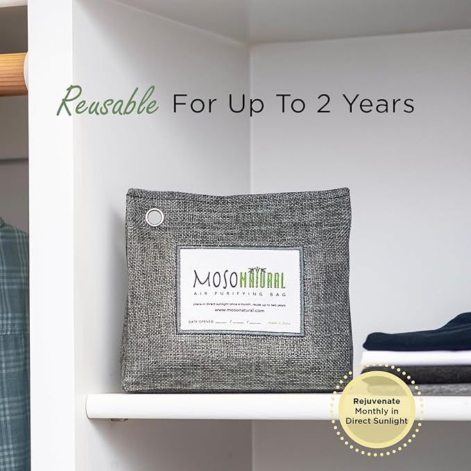 Moso Natural Air Purifying Bag 300g (10.58oz) Premium Bamboo Charcoal Odor Absorber for Home & Pet | Closet Odor Eliminator & Small Room Deodorizer | Charcoal Bags Last 2 Years | Unscented (3 Pack)