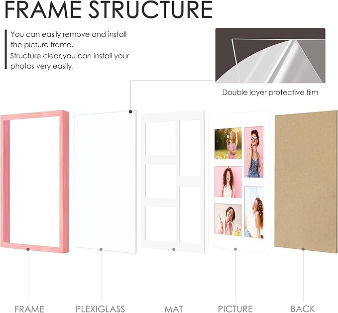 11x14 Collage Picture Frame 4x6 Collage Picture Frame Displays Five 4x6 inch Photos or 11x14 (Without Mat) Wall Decor Wall Hanging or Tabletop Pink