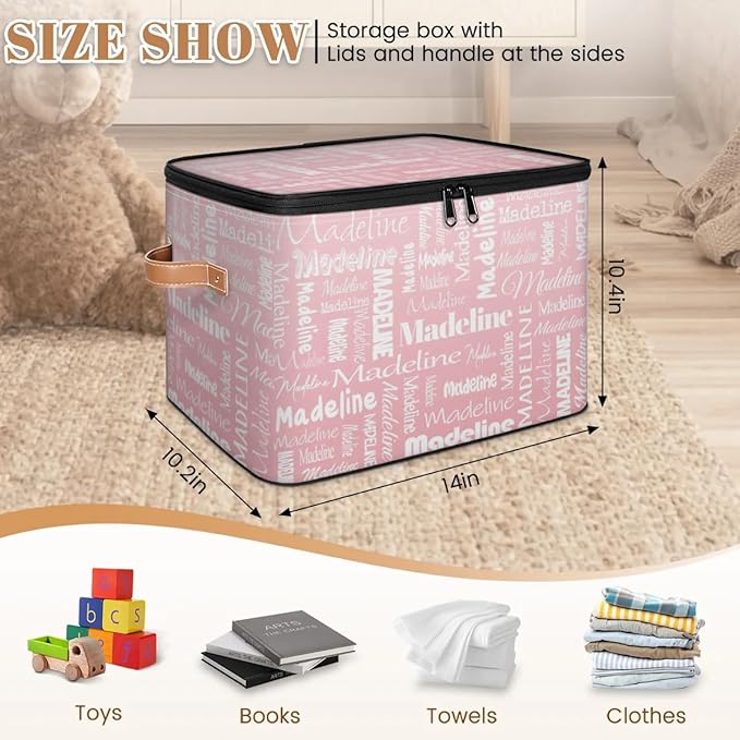 Custom Storage Basket with Name, Personalized Keepsake Box with Zipper Lid, Foldable Fabric Memory Bin Large capacity with Handle Pink