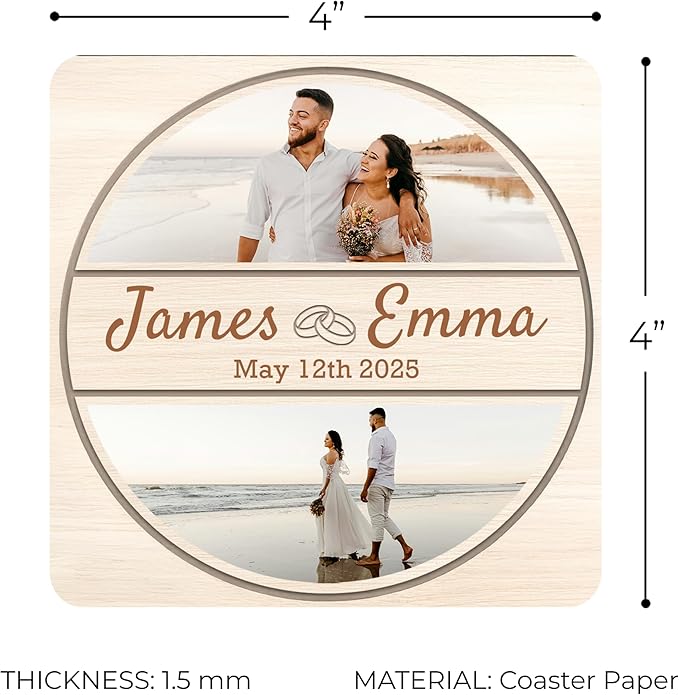 100 Pack Personalized Wedding Coasters, Custom Cardboard Coasters for Drinks with Photo Print and Text, Keepsake Wedding Favors and Gifts for Couples, 4x4 Square, Design 5