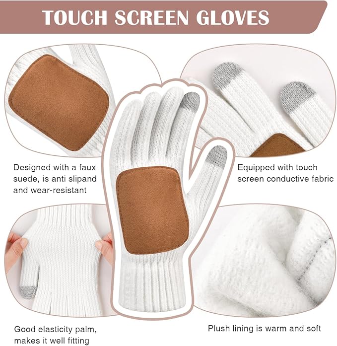 Womens Winter Beanie Hat Gloves Set,Fleece Lined Warm Knit Pom Pom Ski Hat Touchscreen Gloves Set Gifts for Cold Weather