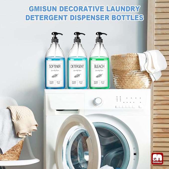 GMISUN Laundry Detergent Soap Dispenser, Liquid Laundry Detergent Dispenser, Container for Farmhouse Laundry Room Decor, Organizer for Liquid DetergentSoftenerBleach Storage Bottle(64 Oz Set of 3)