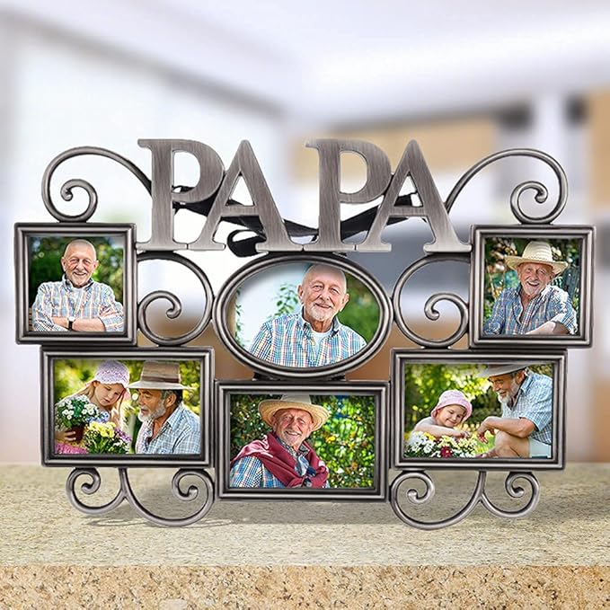 LASODY Papa Picture Frame,Cherish Every Memory,6 opening photo collage,Antique Silver,Father Day GiftsLasody Fathers Day And Mothers Day Collage Picture Frame (3”X2“+2“x2", Papa)