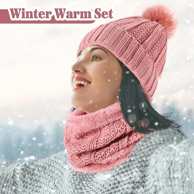 SATINIOR 5 Pcs Winter Satin Lined Hat Scarf Gloves Set Knit Pompom Beanie Warm Touchscreen Glove Earmuff Ear Warmer for Women