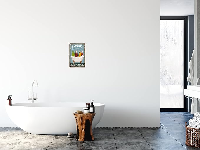 Funny Parrot Decor Vintage Bathroom and Bathtub Metal Tin Sign Parrot Pet Lovers Gift Farm Home Bar Man Cave Retro Wall Art Poster Accessories 8x12 in