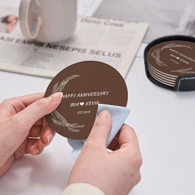 Customized Coasters Set of 6, Custom Brown PU Coasters with Name and Year 2025, Customize Coaster Set for Couples, Housewarming Gift for Couples New Home, Leather Coaster for Anniversary