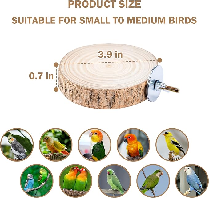 Bird Perches for Cage, 4PCS Natural Wood Round Parrot Flat Perch for Parakeets, Budgies, Cockatiels, Lovebirds, Conures, Bird Cage Accessories for Bird Stand(3.9 inches)