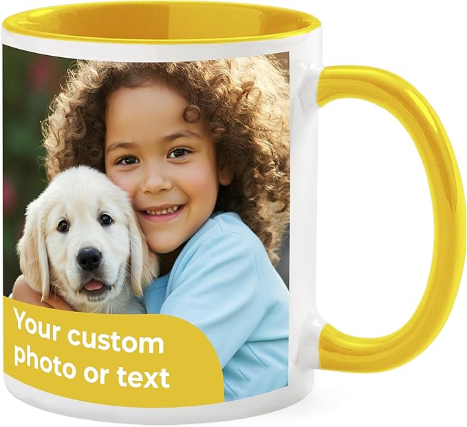 Personalized Mug, Custom Ceramic Mug with Photo and Text, 11oz, Pack of 100, Glossy Coffee Cup, Perfect for Christmas, Secret Santa or as Holiday Gift for Family or Friends, White/Yellow