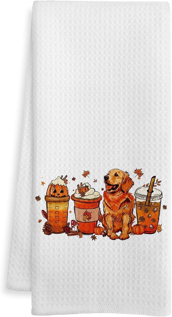 Fall Golden Retriever Coffee Kitchen Towels, Fall Halloween Pumpkin Coffee Dish Tea Towel for Kitchen, Farmhouse Autumn Maple Leaf Pine Cone Hand Towels for Bathroom Decor, 16x24 Inch