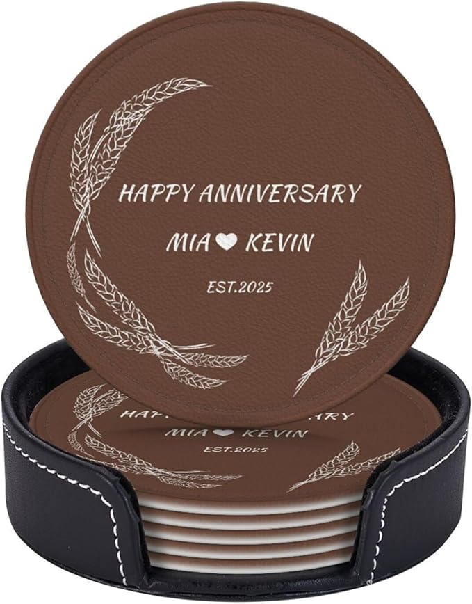Customized Coasters Set of 6, Custom Brown PU Coasters with Name and Year 2025, Customize Coaster Set for Couples, Housewarming Gift for Couples New Home, Leather Coaster for Anniversary