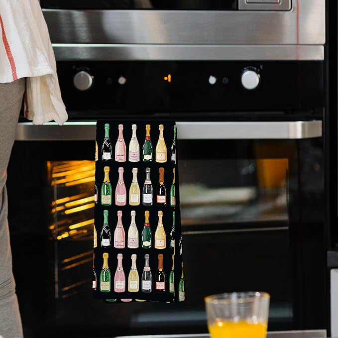 Black Champagne Lover Gift Kitchen Towels, Champagne Accessories Bar Hand Towel, Trendy Alcohol Bottles Cocktail Gift Champagne Bachelorettes Girly Room Decorative Tea Dish Towels 16x24 Inch