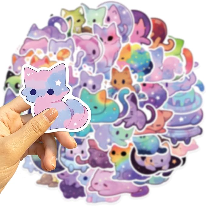 50Pcs Cats Sticker, Cute Starry Sky Cats Stickers for Kids Teens Adults, Vinyl Cartoon Pink Animals Decals Kawaii Sticker for Decor Water Bottles Laptops Guitar Scrapbook (Starlight Cat)