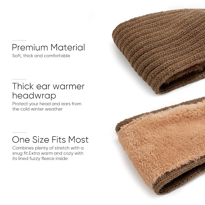 AQOKKA Knit Winter Headbands for Women Fuzzy Wool Fleece Lined Ear Warmers Elastic Turban Crocheted Head Wrap Winter Accessories for Women Cold Weather