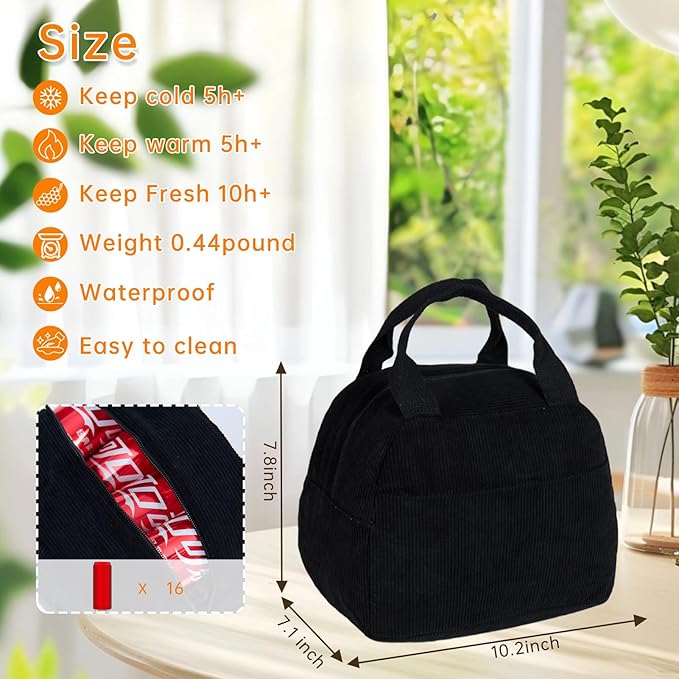 Lunch Bag for Women Men Girl,Large Cute Corduroy Lunch Tote Bags - Reusable Insulated Lunch Box for women with Handle, Leakproof WaterProof Design for Office, School, Work,Picnic.