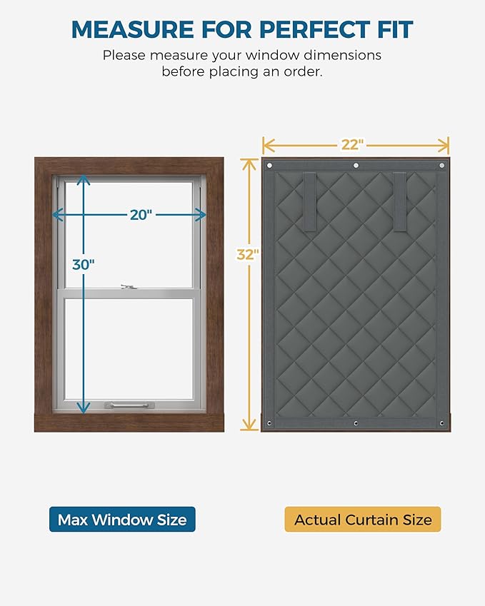 Thermal Insulated Window Cover, Curtain Size 22 x 32 Inch, Quilted Oxford Cloth Thick Cotton Filled, Fits up to 20''×30'' Windows, Ideal for Keeping Warm in Winter, Grey