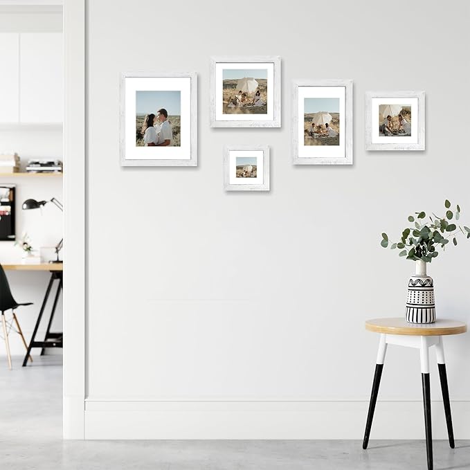 iRahmen 10x10 Picture Frame Set of 4 with Real Glass, Distressed White Frame Display 8x8 Pictures with Mat or 10 x 10 Without Mat, Wood Square Photo Frame for Wall Mount and Tabletop Display