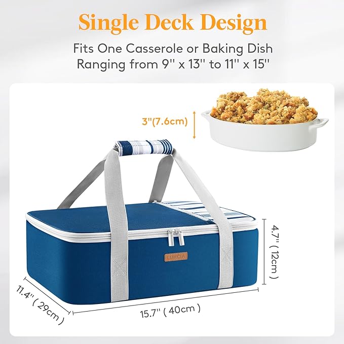 LUNCIA Insulated Single Decker Casserole Carrier, Lasagna Lugger Tote Keeps Food Hot or Cold, Thermal Lunch Bag for Potluck Parties, Picnic and Cookouts, Fits 9" x 13" Baking Dish, Dark Blue