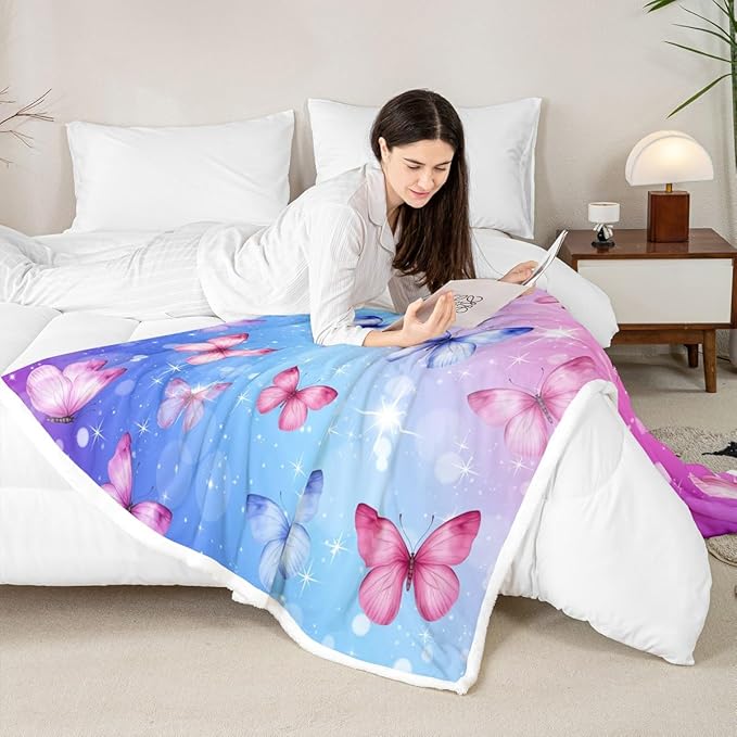 Feelyou Girls Butterfly Fleece Throw Blanket 40"x50" Kids Pink Blue Glitter Print Sherpa Blanket Plush Fuzzy for Bed Couch Chair Living Room, Dreamy Girly Bed Blanket Princess Style Room Decor