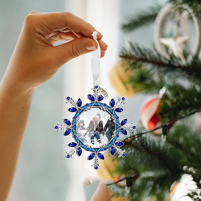 2025 Christmas Tree Ornament Snowflake Picture Frame Metal Hanging Pendant Holiday 2" Photo Frame Charm Decorative of Pets, Baby First Christmas, Family (Blue)