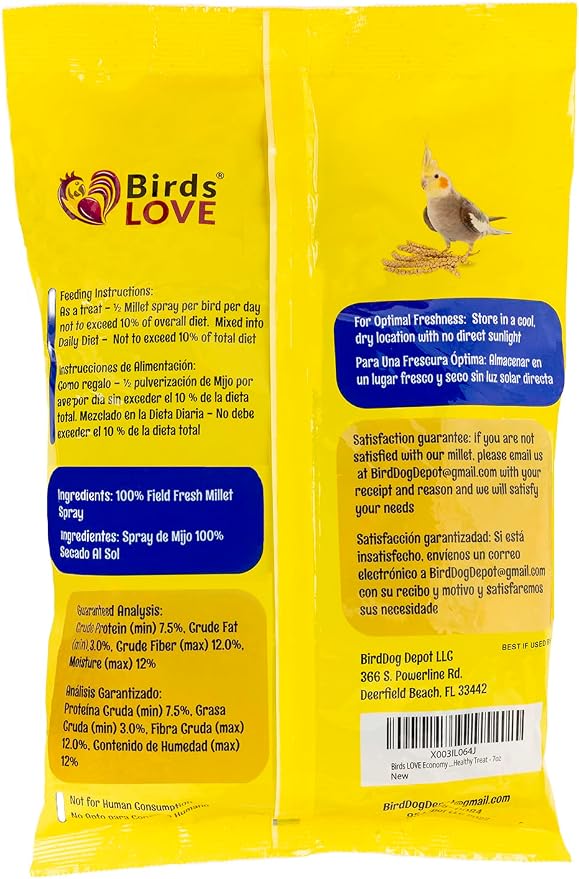 Birds LOVE® Economy Spray Millet for Birds, 7 oz, GMO-Free Natural Millet Spray Treat, Stem-Reduced Edible Tops, Grown in USA, for Parakeets, Cockatiels, Lovebirds, Finches, Canaries -Pack of 2