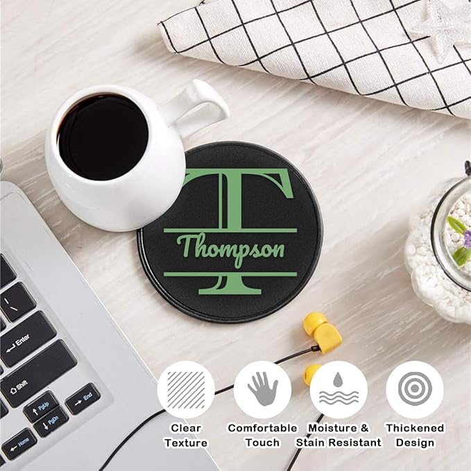 Custom Name Coasters, Personalized Set of 5 Leather Coaster with Holder, Customize Split Monogram, Non-Slip Heat Resistant Waterproof for Coffee Table Bar Beer Wine Cup Housewarming Wedding Party Gift