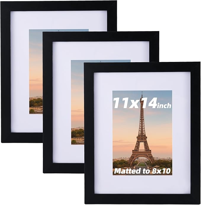 3 Pcs 11x14 Black Picture Frame - Display Pictures 8x10 with Mat or 11 x 14 without Mat - Black Wood Picture Frames for Wall Mounting - Wooden Photo Frame for 11 14 Matted to 8x10 Print Set of 3