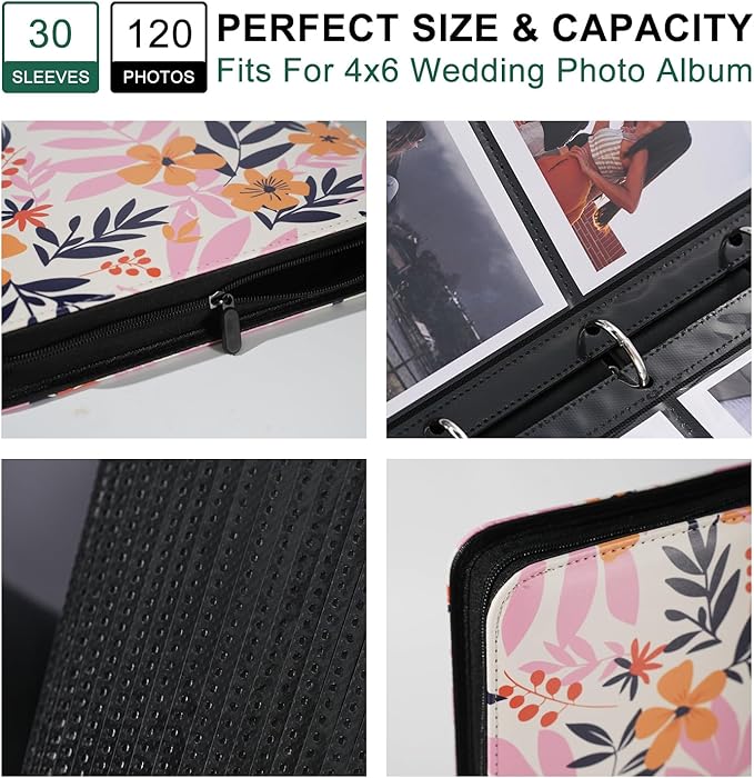 Photo Album 4x6 Pictures,120 Pockets Binder Premium Vegan Leather Cover for Family Wedding Anniversary Baby Kids Vacation. (Exotic Floral)