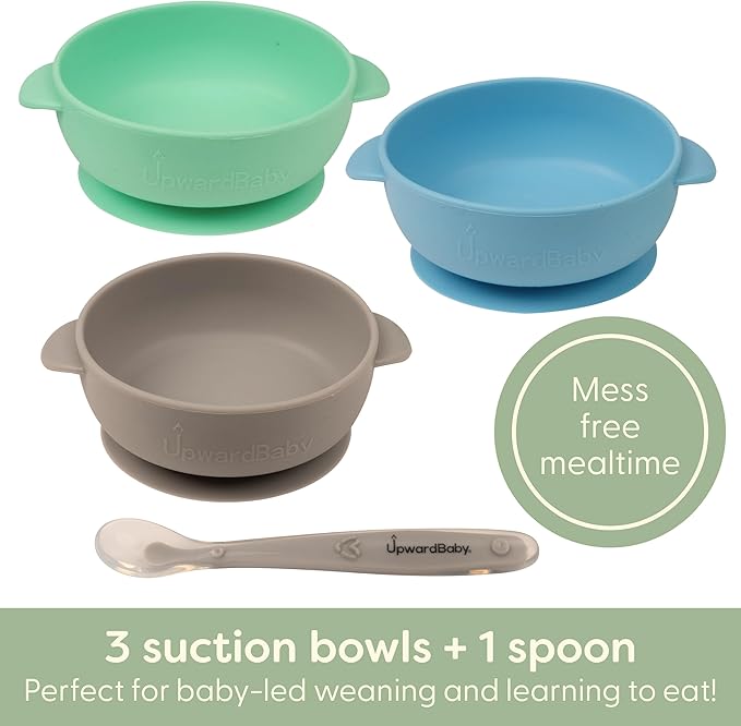 UpwardBaby Silicone Baby Bowls & Spoon Set - 4-Piece Set, Gray, Mint & Blue - Suction Bowls for Baby & Toddler, Dishwasher & Microwave Safe, Self-Feeding Spoon