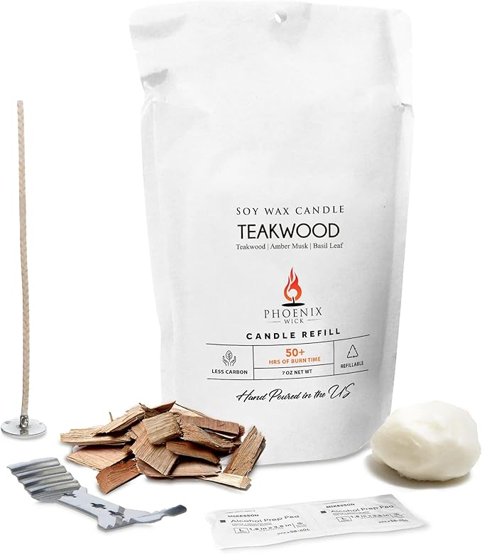 Phoenix Wick - Scented Candles & Wax Refills (Teakwood, Candle Kit - 7oz/50Hrs)
