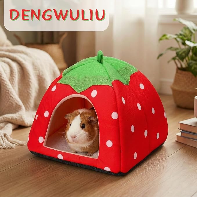 Guinea Pig Bed Rabbit Hideout Warm Fleece Cuddle Cup Washable Sleeping House for Small Animals Pet/Ferret/Chinchilla/Bunny Strawberry Red