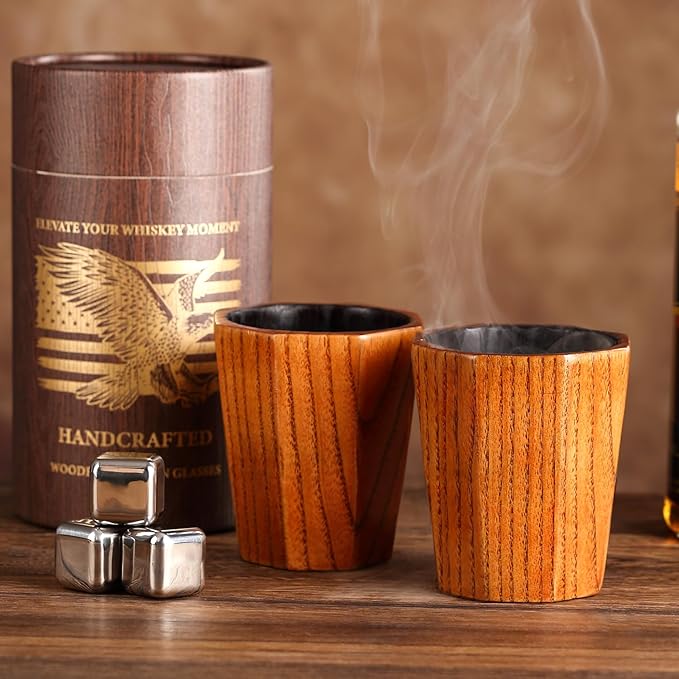 Wooden Whiskey Glass, Wood Bourbon Glasses, Wooden Bourbon Drinking Glass, Old Fashioned Glass Whiskey Gift Sets for Men Father’s Day, Birthdays, Weddings, Anniversaries, Retirement
