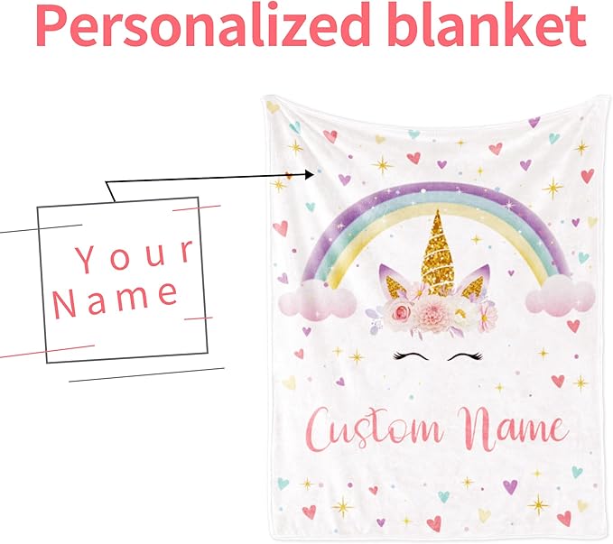 Personalized Horse Blanket with Name for Girl, Custom Name Blanket for Teen, Soft Flannel Pink Toddler Blanket Customized Gift for Birthday 50"x60"
