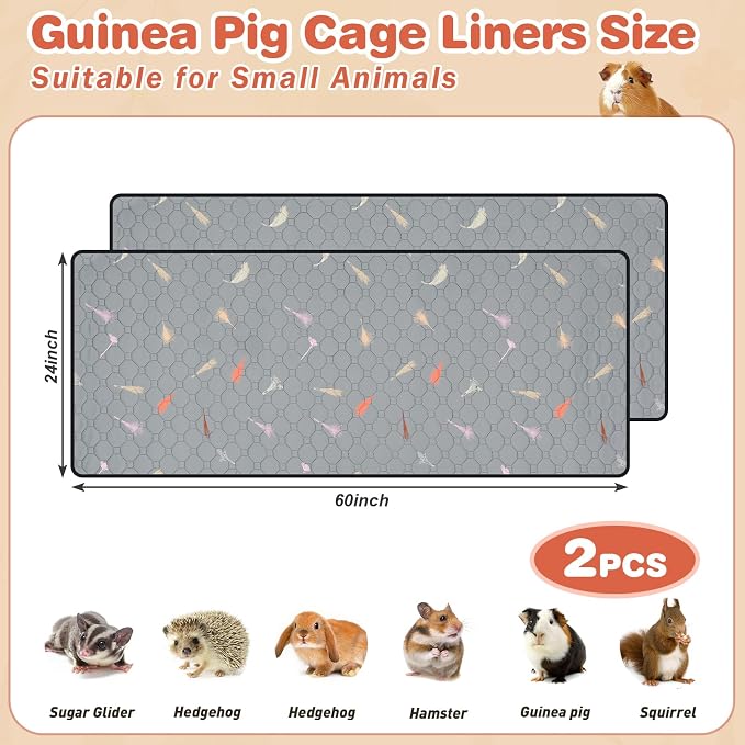 2Pcs Guinea Pig Cage Liners,Guinea Pig Fleece Cage Liners24''X60'' Super Absorbent Washable Pee Pads Reusable for Rabbit Hamster Chinchilla