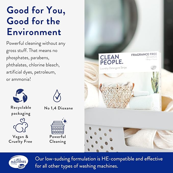The Clean People Unscented Baby Laundry Detergent Sheets - Hypoallergenic - Ultra Concentrated, Recyclable Packaging, Fights Stains & Odors on Baby Clothes & Bedding - Fragrance Free, 96 Pack