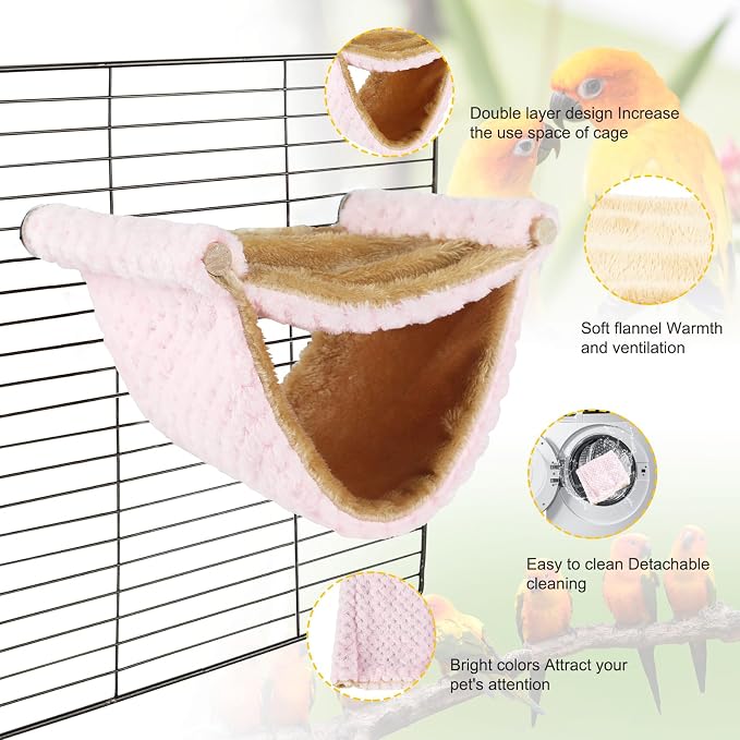 BWOGUE Bird Nest Bed Hanging Hammock, Parakeet Bed for Cage, Cockatiel Bed | Warm Fleece Snuggle Hut, Double-Layer Comfort, Wooden Perch Setup, Washable Hammock