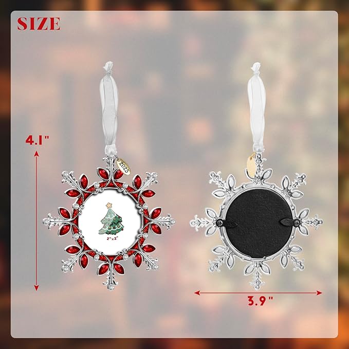 2025 Christmas Tree Ornament Snowflake Picture Frame Metal Hanging Pendant Holiday 2" Photo Frame Charm Decorative of Pets, Baby First Christmas, Family (Red)