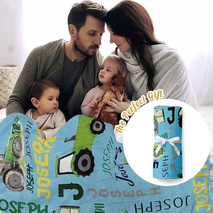 Personalized Tractors Blanket - Custom Name with Farm Tractor Trucks Design - Soft Plush Flannel Bed Blanket for Baby Kid Teen Boys Girls Customized Gifts Light Blue & Green