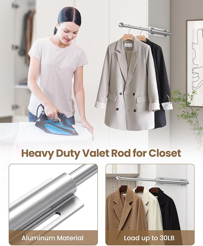 Valet Rod for Closet Pull Out, Retractable Slide Out Valet Rod Closet Organization, 12" Aluminum Valet Clothing Hanger Rods Perfect for Suits, Freshly Pressed Clothes, Polished Chrome