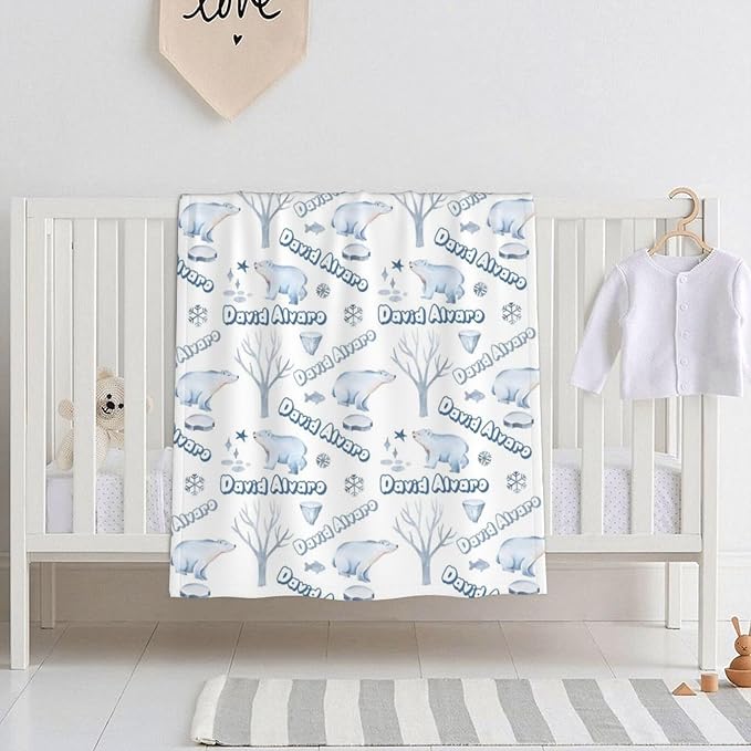 Ship Next Day Personalized Baby Blanket, Printed in USA - Custom Name Toddler Blanket with Polar Bears Pattern, Personalized