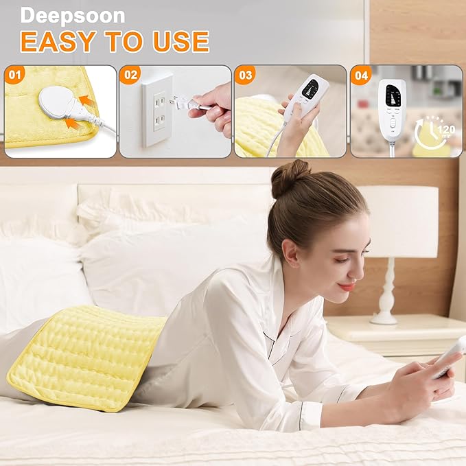 Deepsoon Heating Pad,Electric Heating Pads for Back,Neck,Abdomen,Moist Heating Pad for Shoulder,Knee,Arms,Legs,Dry/Moist Heat & Auto Shut Off,Christmas Gifts for Men and Women,Light Yellow,24x12 Inch