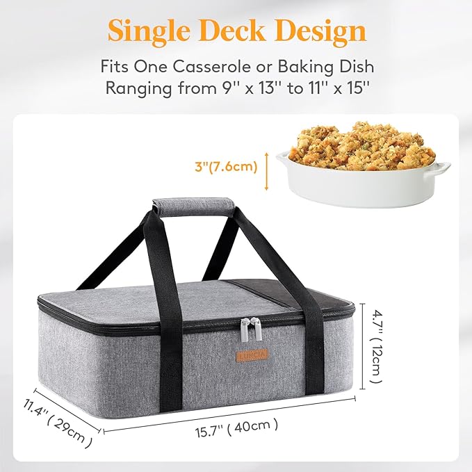 LUNCIA Insulated Single Decker Casserole Carrier, Lasagna Lugger Tote Keeps Food Hot or Cold, Thermal Lunch Bag for Potluck Parties, Picnic and Cookouts, Fits 9" x 13" Baking Dish, Grey