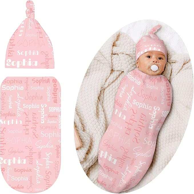 Swaddle Blanket with Hat Set Newborn Name Lettering Pink Receiving Soft Blankets Baby Swaddle Wrap Soft Sleep Sack for Baby Boys and Girls