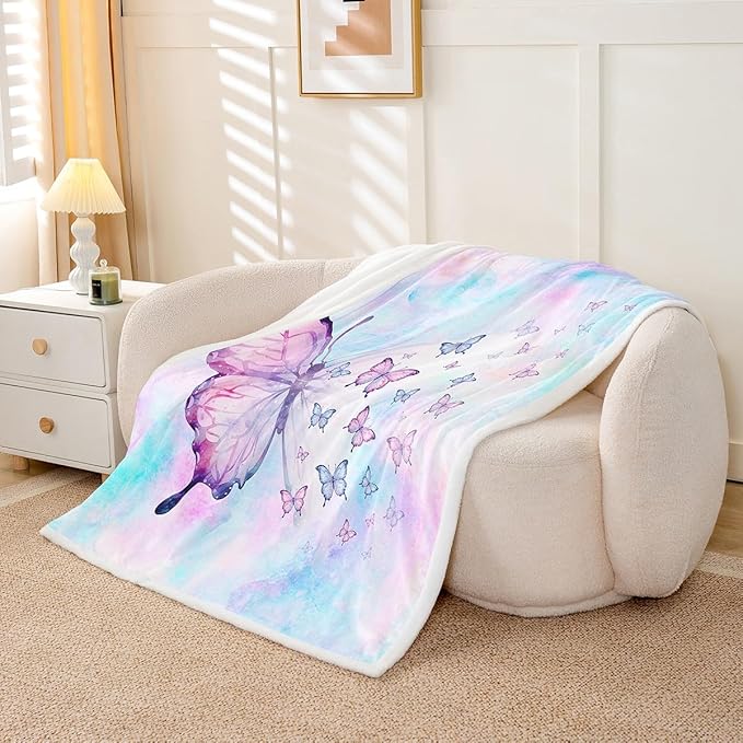 Feelyou Girls Gorgeous Butterflies Fleece Throw Blanket Throw 50"x60" Kids Purple Blue Tie Dye Sherpa Blanket Plush Fuzzy for Bed Couch Chair Living Room, Butterflies Lover Bed Blanket Room Decor