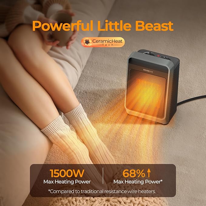 Space Heaters for Indoor Use, 1500W Portable Electric Heater with Thermostat, Ceramic Heater for Room Bedroom Office Under Desk with 3 Heating Levels, Safe Tip-Over Protection (Grey)