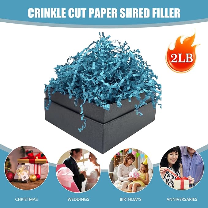 Deep Blue Crinkle Cut Paper Shred Filler, 2 LB Basket Filler Shredded Paper, Confetti Stuffing for Basket Filling, Halloween, Thanksgiving, Christmas, Birthdays, Gift Wrapping, Stuffer Party Supplies