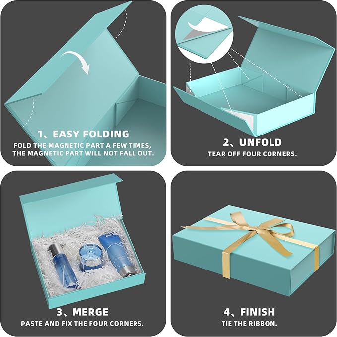 5 Pack Gift Boxes with Lids, 11 x 8.2 x 2.3 Inches Packing Box for Presents Ribbon Magnetic Closure, Luxury Wrapping Gift Boxes for Weddings, Birthdays, Chrismas, Halloween, Turquoise