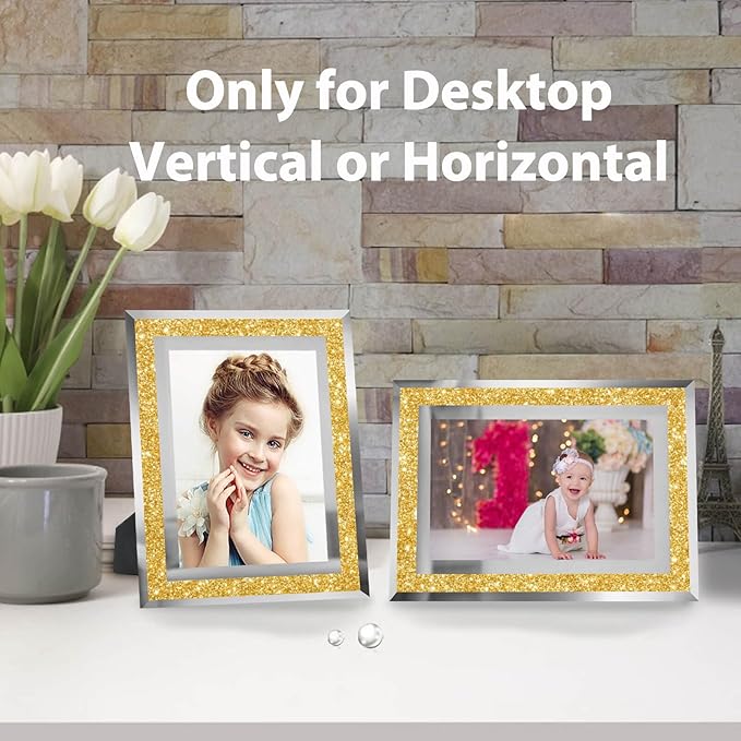 4x6 Picture Frames Gold - Set of 2, Sparkle Real Glass Photo Frame 4 by 6 with Silver Mirrored Edge, for Tabletop Display, Wedding Birthday Christmas Day Gifts (4 x 6, Glitter Gold)
