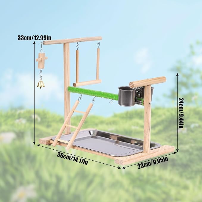 Bird Playground, Natural Wood Bird Perch Stand with Removable Tray and 2 Stainless Steel Feeder Cups, Parrot Playstand Bird Cage Toys for Conure Parakeet Cockatiel Parrot (C)